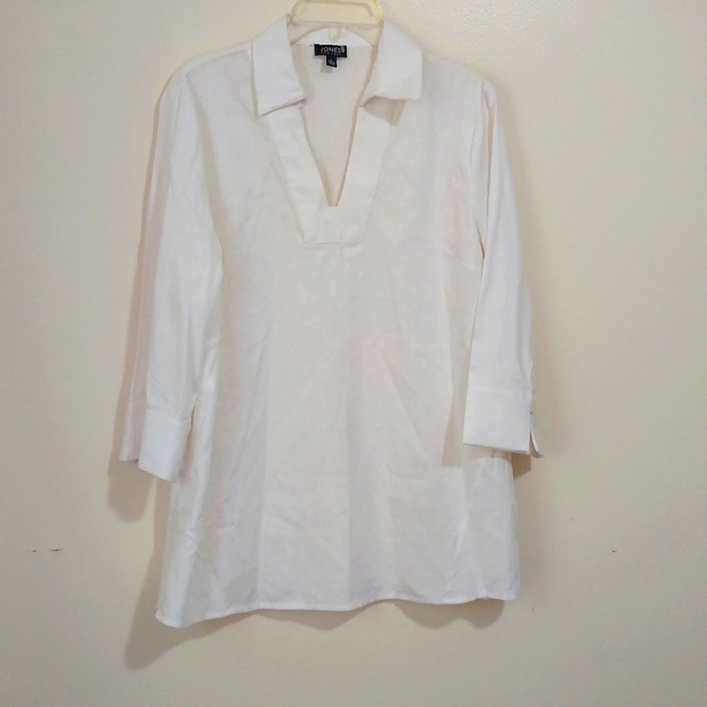 Jones Linen Blend Women's Blouse L 3/4th Sleeve V-neck White